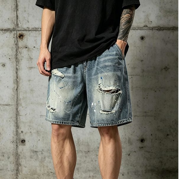 Men's Clothing Men's Summer Denim Shorts Style Trendy High Street Heavyweight Distressed Ripped Drawstring Loose Fitting Casual Five Quarter Length_mkmklike.com