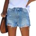 Women's Distressed Denim Shorts - High Waist Ripped Patchwork Jeans Shorts For Women, Stretch Comfort Fit, Casual Streetwear (Blue/Black/Gray)_mkmklike.com