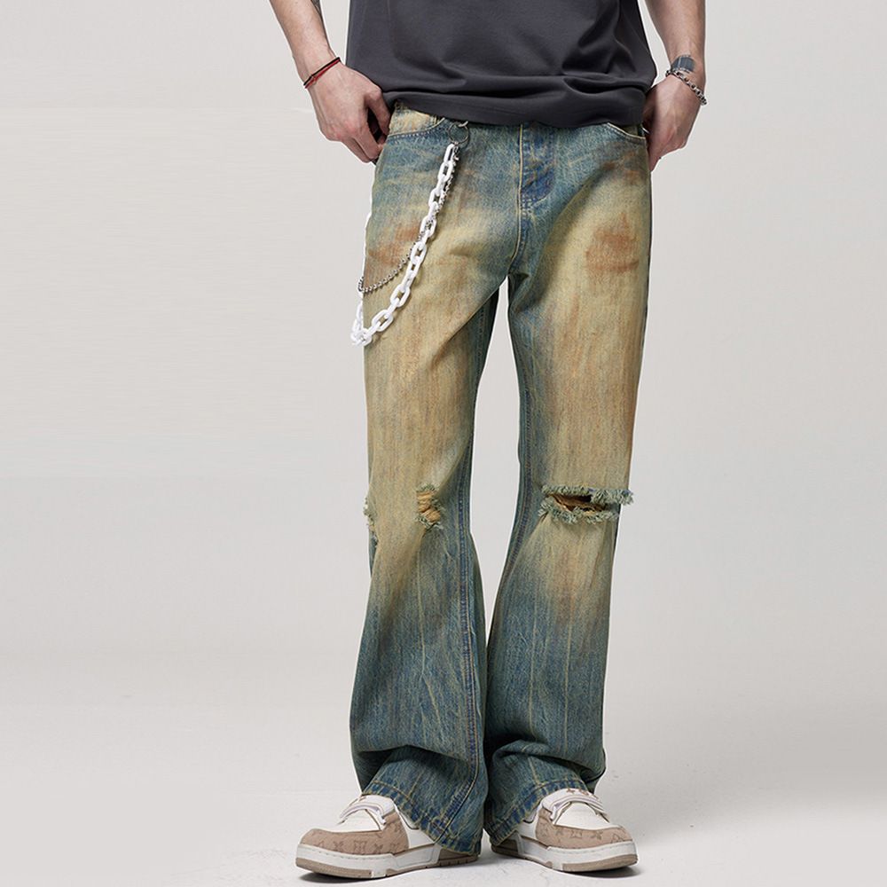 Vintage Yellow Mud-Dyed Ripped Jeans For Men American High Street Fashion Loose Straight-Leg Draped Dad Long Pants_mkmklike.com