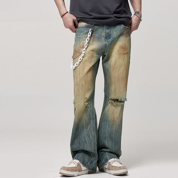 Vintage Yellow Mud-Dyed Ripped Jeans For Men American High Street Fashion Loose Straight-Leg Draped Dad Long Pants_mkmklike.com