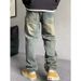 Men's Korean-Inspired Patchwork Denim Pants – Slim Tapered Jogger Jeans With Embroidery & Badge Details (28-36, Washed Blue)_mkmklike.com