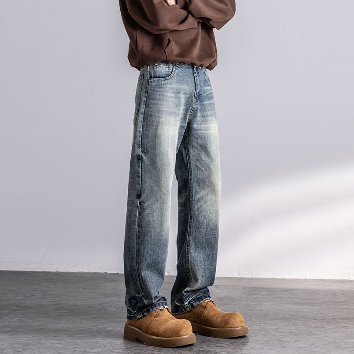 Autumn New Jeans Men's Fit Straight Tube Loose Trendy Brand American Washed Middle Waist Youth American Retro Double Craft_mkmklike.com