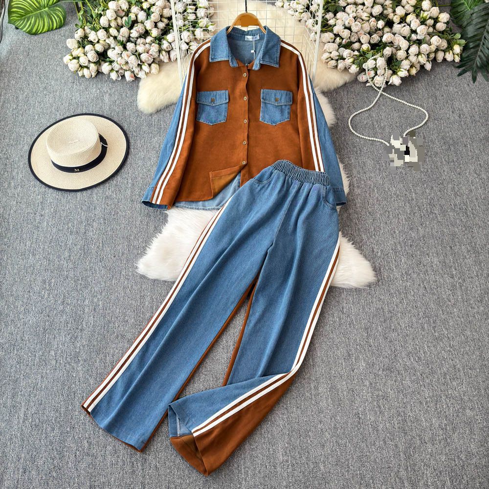 Women's Clothing Casual Wear Slim Two Piece Suit For Women Fashion Lapel Long Sleeved Patchwork Top Wide Leg Pants Denim Suit_mkmklike.com