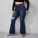 Women's Clothing Plus Size Denim Flared Jeans Dark Blue Ripped And Frayed Hem European And American Style For Women_mkmklike.com