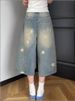 Women's Clothing Women's High-Waisted Cropped Shorts Retro Denim Star Print Loose Casual Straight Leg Wide Leg Pants Summer Washed_mkmklike.com