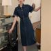Women's Clothing High End Polo Collar Denim Dress Summer Split Belt Design Niche Temperament Long Skirt_mkmklike.com