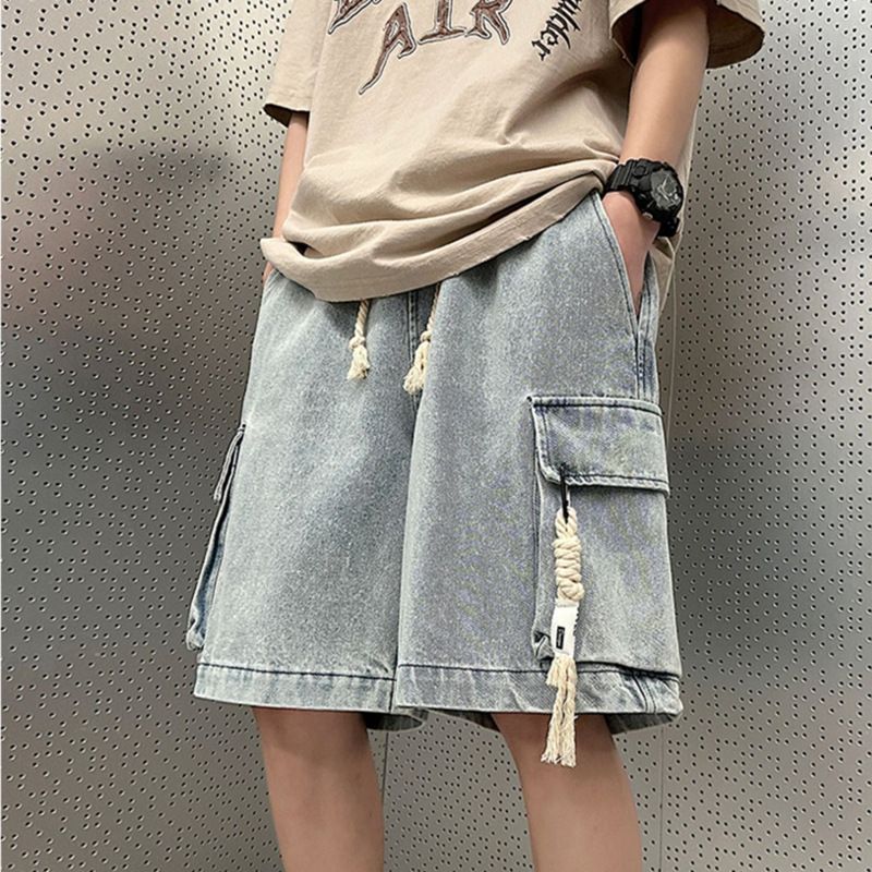 Men's Workwear Denim Shorts - Summer Casual Loose Fit Mid-Length Cargo Shorts With Drawstring Waist, Washed Cotton Fabric For Teen Boys & Young Adults_mkmklike.com