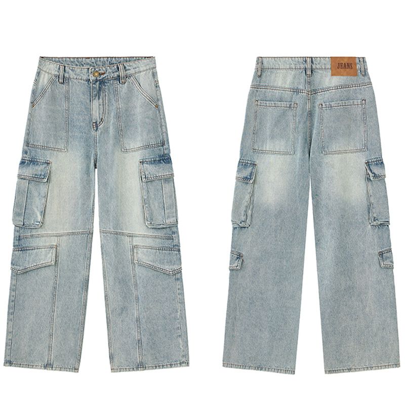 Men's Clothing & Archer0603 & American Streetwear High Street Washed Patchwork Straight Leg Loose Fit Jeans Men's Distressed Multi Pocket Pants_mkmklike.com