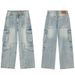 Men's Clothing & Archer0603 & American Streetwear High Street Washed Patchwork Straight Leg Loose Fit Jeans Men's Distressed Multi Pocket Pants_mkmklike.com