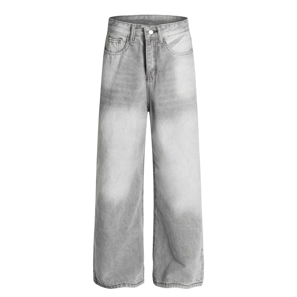 Heavy-Duty Faded Washed Gradient Denim Men's Punk Handmade Distressed Loose Straight-Leg Pants Trendy_mkmklike.com