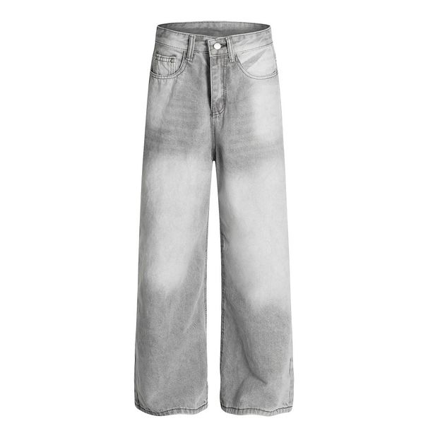Heavy-Duty Faded Washed Gradient Denim Men's Punk Handmade Distressed Loose Straight-Leg Pants Trendy_mkmklike.com