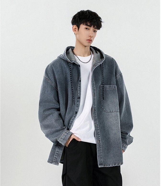 Spring And Autumn American Retro Men's Casual Hooded Denim Korean Style Loose Couple Long Sleeve Jacket Top_mkmklike.com
