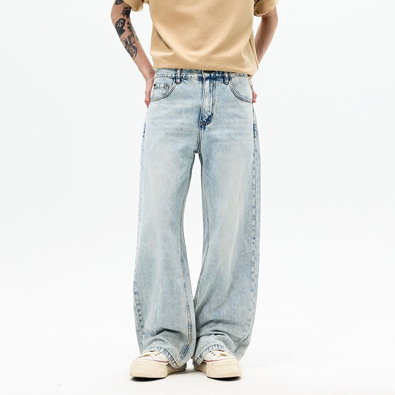 Cleanfit A-Line Denim Pants For Men – Vintage Washed Blue Wide-Leg Jeans | Spring & Summer Casual Staple_mkmklike.com