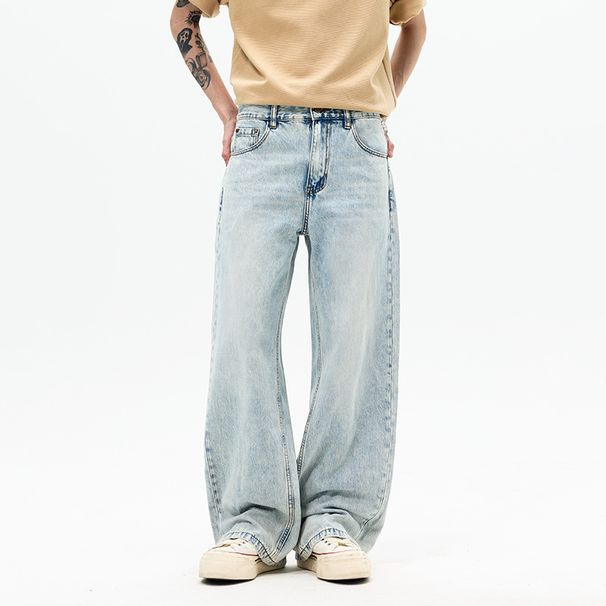 Cleanfit A-Line Denim Pants For Men – Vintage Washed Blue Wide-Leg Jeans | Spring & Summer Casual Staple_mkmklike.com