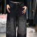 Plus Size Vintage Distressed Rhinestone Jeans For Women – Oversized Wide-Leg High-Waisted Denim Pants With Embellishments (Streetwear Style)_mkmklike.com