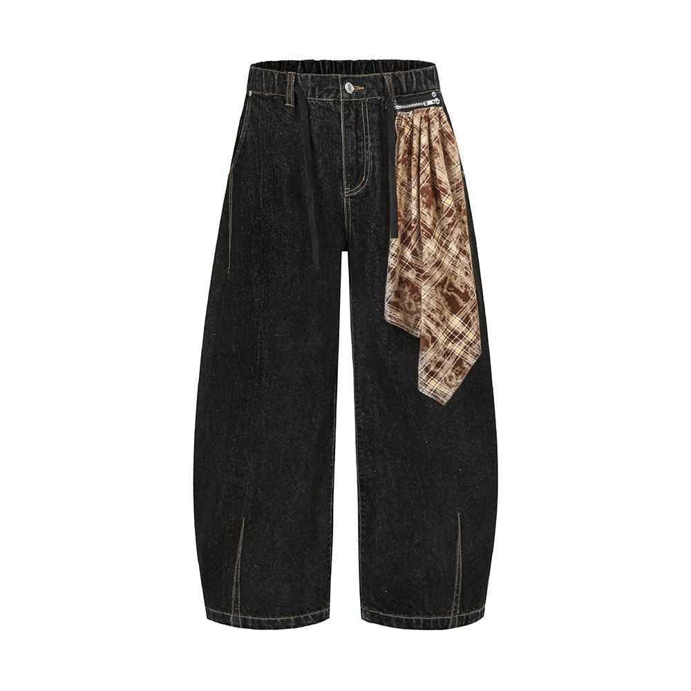 American High Street Silhouette Scimitar Jeans Men's Design Sense Detachable Square Scarf Plaid Personality Wide-Leg_mkmklike.com