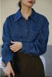 Vintage Denim Shirt Women's Casual Loose Fit Blue Chambray Top With Polo Collar, Retro Style Long Sleeve Blouse For Spring Autumn_mkmklike.com