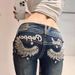 Summer Y2K Fashion Retro Punk Low Waist Casual Embroidery Diamond Jeans Blue Wings Pattern Embroidered Leg Slim Pants_mkmklike.com