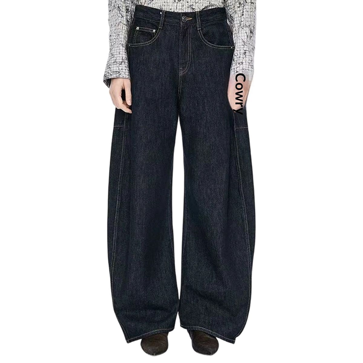 Clair Jiangnan Home Autumn Winter Thickened Fleece Scimitar Jeans Sickle Denim Blue Navy Split Casual Pants ZG5682_mkmklike.com
