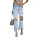 Women's Clothing Casual Washed Wish Ripped High Waist Straight Pants_mkmklike.com