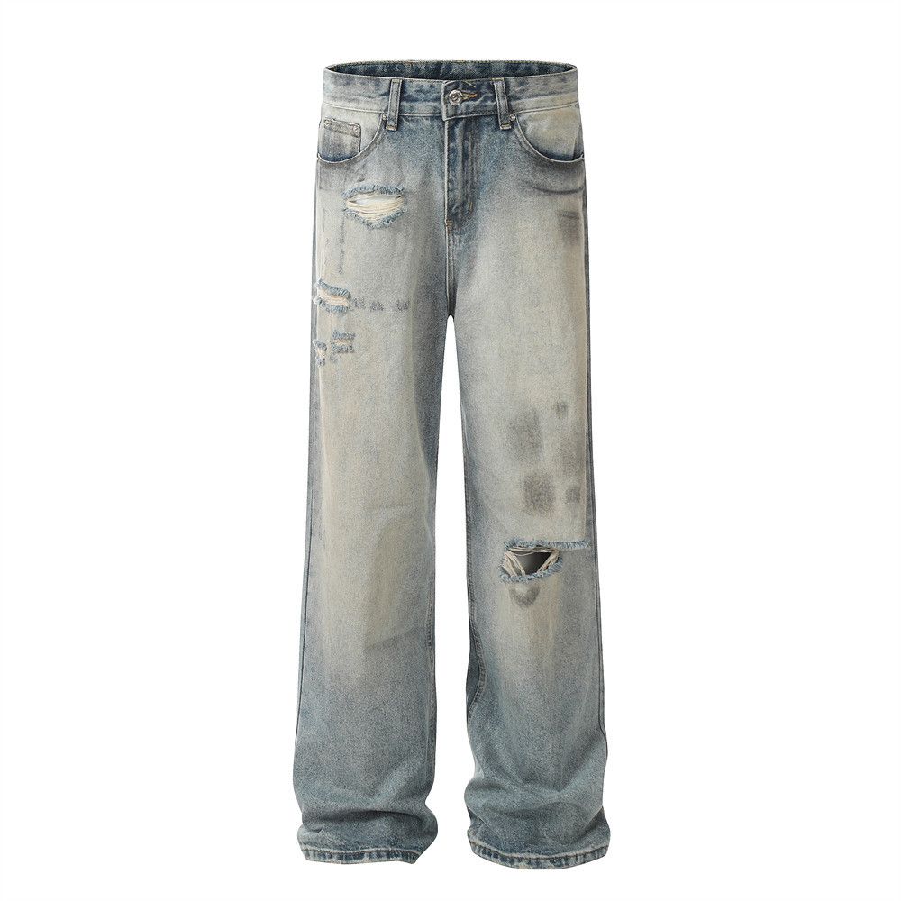 Heavy-duty Distressed Ripped Jeans Straight Long Men Loose Casual Washed Dirt Wide-leg Pants Punk Street Fashion_mkmklike.com