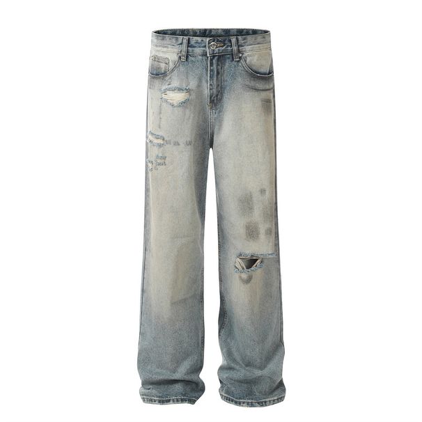 Heavy-duty Distressed Ripped Jeans Straight Long Men Loose Casual Washed Dirt Wide-leg Pants Punk Street Fashion_mkmklike.com