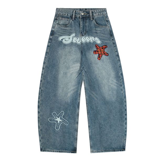 Wahed Vintage Denim Scimitar Pant Men' Street Fahion Peronality Deign Embroidered Letter Looe Fit Caual_mkmklike.com
