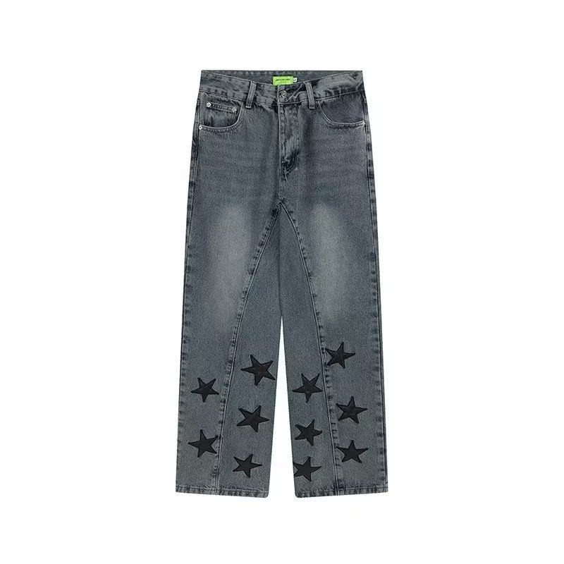 National Trend Embroidered Stars Versatile Jeans For Men And Women Summer American Style Loose Straight Couple Casual_mkmklike.com