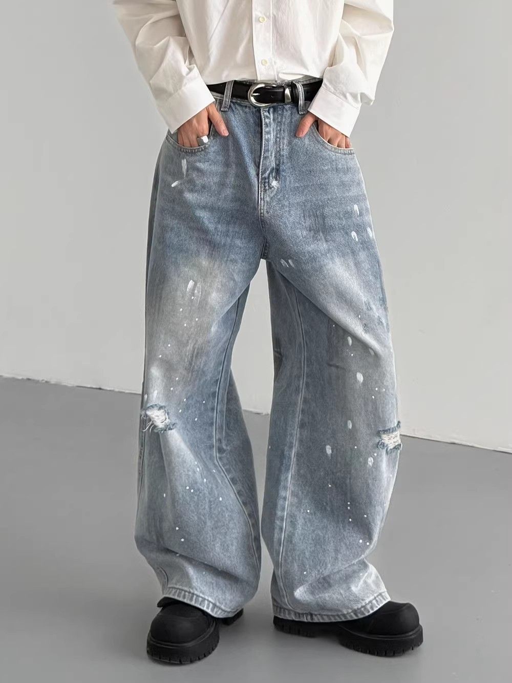 Vintage Washed Wide-Leg Jeans For Women – 90s Retro High-Waisted Flared Pants With Distressed Details ( Oversized Fit, Blue Denim)_mkmklike.com