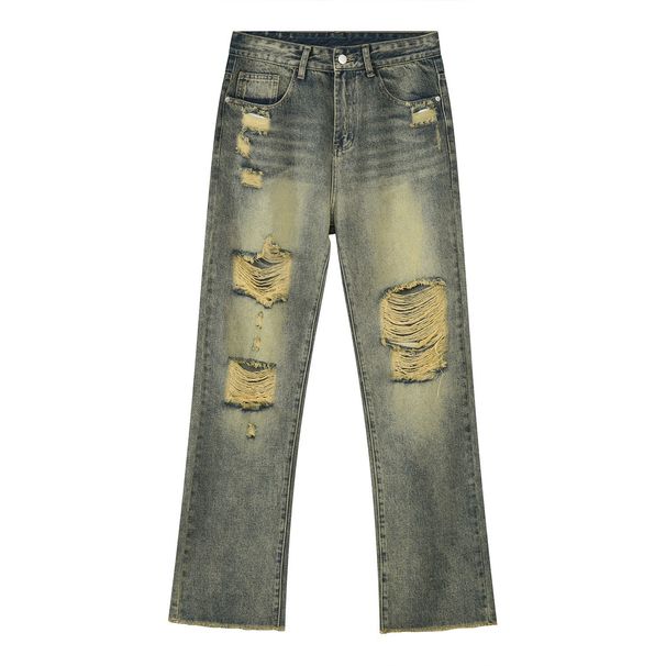 Spot EF JEANS | 2023 New Product, Retro And Old Washing Water Hole Design Straight Jeans Men's Casual Long_mkmklike.com