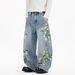 BSJ Trendy Spring Retro Floral Embroidered Curved Jeans For Men And Women, Loose Fit And Wide Leg Design._mkmklike.com