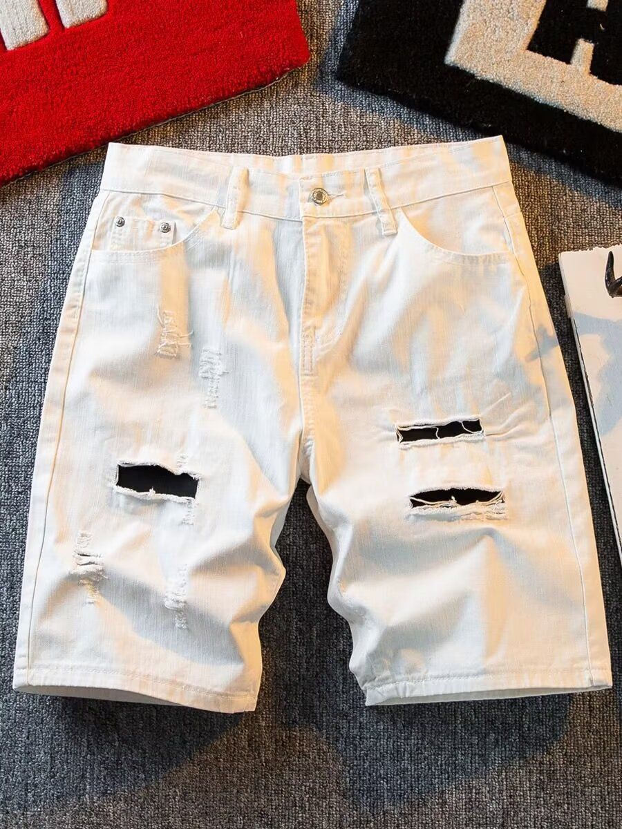 Men's Distressed Denim Shorts Classic Blue & White Lightweight Washed Streetwear Clothing Sizes 28-36_mkmklike.com