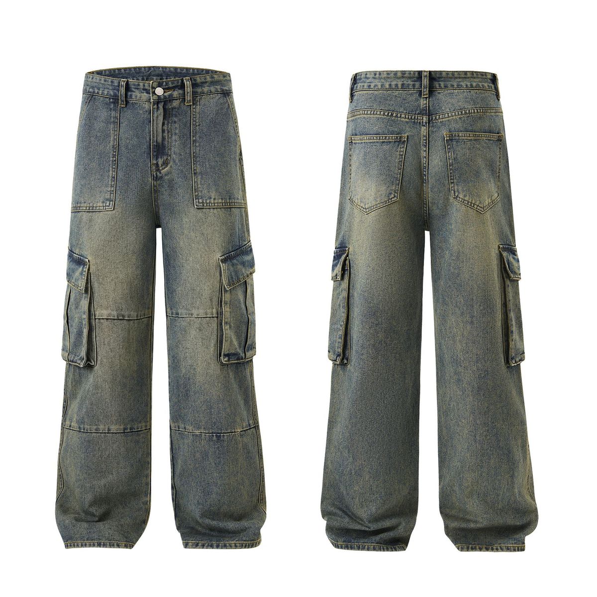 Unisex Vintage Cargo Jeans – High Street Raw Hem Denim With Multi-Pocket Design (Sizes S-3XL)_mkmklike.com
