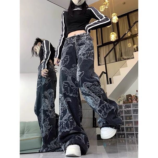 Women's Clothing Hip Hop Pants Trendy Brand Cool Street Style Graffiti Printed Jeans Dragon Year Outfit Flared Straight Pants_mkmklike.com