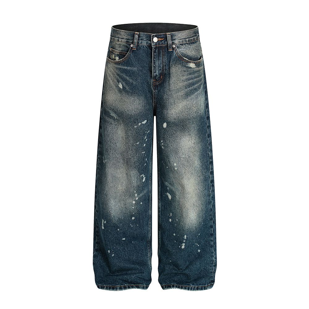 Paint Splatter Vintage White Jeans For Men Loose Wide Leg Frayed Hem Distressed Washed Straight Long Pants Trendy Punk_mkmklike.com