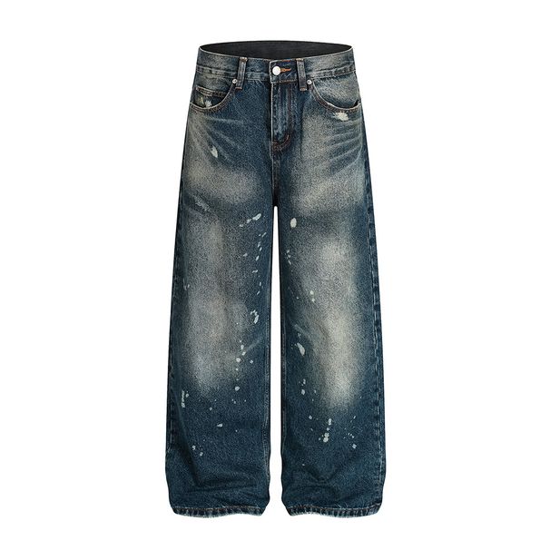 Paint Splatter Vintage White Jeans For Men Loose Wide Leg Frayed Hem Distressed Washed Straight Long Pants Trendy Punk_mkmklike.com