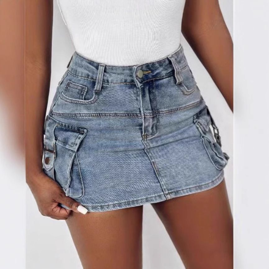 Women's Denim Hottie INS Popular Pocket Workwear Mini Skirt_mkmklike.com