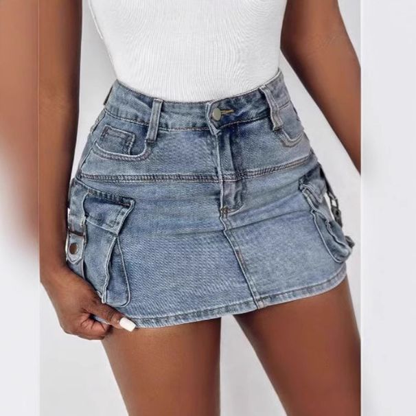Women's Denim Hottie INS Popular Pocket Workwear Mini Skirt_mkmklike.com