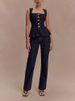 K Women's Button Up High Waisted Denim Top And Pants Set_mkmklike.com