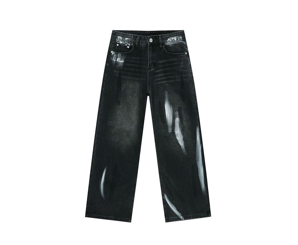 EF JEANS | 2025 Spring New American High Street Vibe Black And Gray Graffiti Drape Loose Straight Jeans_mkmklike.com