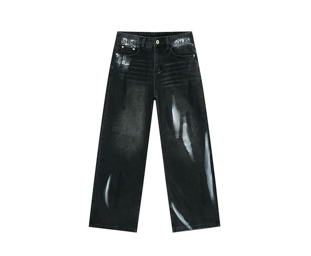 EF JEANS | 2025 Spring New American High Street Vibe Black And Gray Graffiti Drape Loose Straight Jeans_mkmklike.com