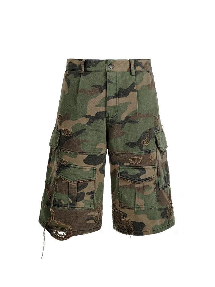 Spring/Summer Men's Distressed Camouflage Stonewashed Capri Pants Ripped Cargo Loose Fit Denim Shorts_mkmklike.com