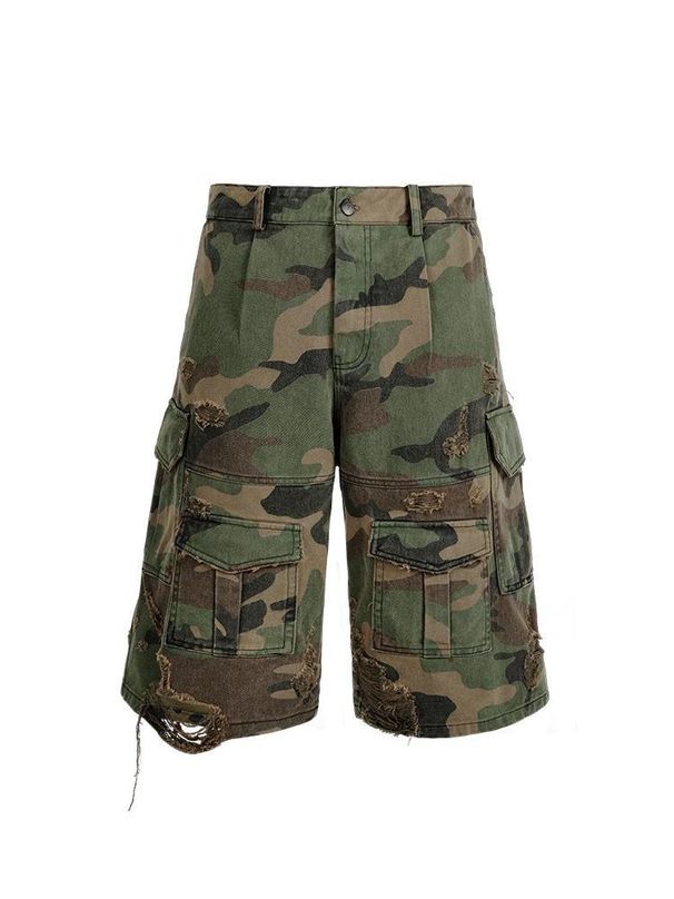 Spring/Summer Men's Distressed Camouflage Stonewashed Capri Pants Ripped Cargo Loose Fit Denim Shorts_mkmklike.com