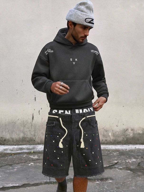 Men's Rhinestone Frayed Edges Denim Shorts European Style Spring Summer Exclusive_mkmklike.com
