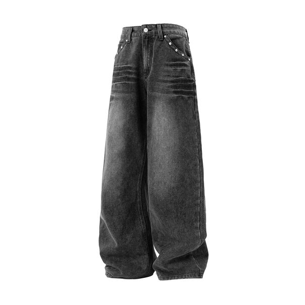 Men's Washed Distressed Straight Leg Jeans With Lightning Cat Whisker & Rivets, Retro Style Semi-Stretch Denim Pants For Casual Wear_mkmklike.com