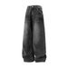 Men's Washed Distressed Straight Leg Jeans With Lightning Cat Whisker & Rivets, Retro Style Semi-Stretch Denim Pants For Casual Wear_mkmklike.com