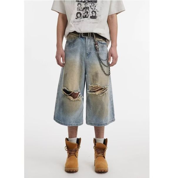 Men's Clothing New Men's Hip Hop Washed Denim Shorts Men's Summer Loose Cropped Pants_mkmklike.com