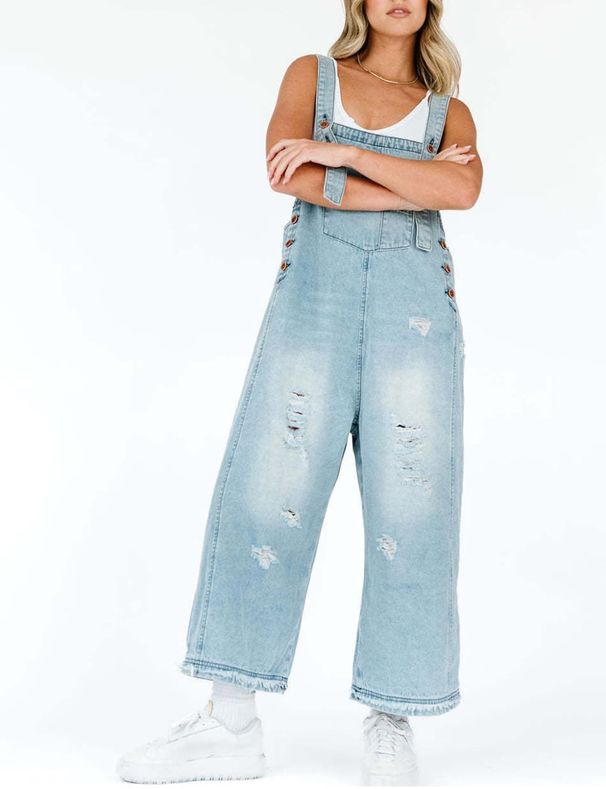 Women's Retro Distressed Ripped Wide Leg Denim Overalls Comfortable Casual Loose Fit European American Fashion Style_mkmklike.com