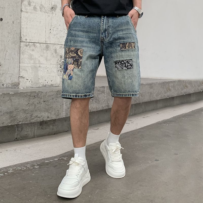 Men's Clothing High Street Denim Shorts Loose Ripped Patch Shorts Straight Rotten Hole Patch Shorts_mkmklike.com