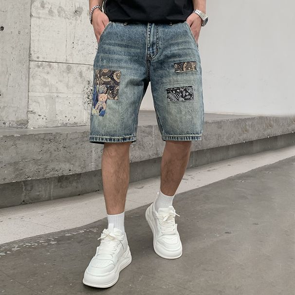 Men's Clothing High Street Denim Shorts Loose Ripped Patch Shorts Straight Rotten Hole Patch Shorts_mkmklike.com